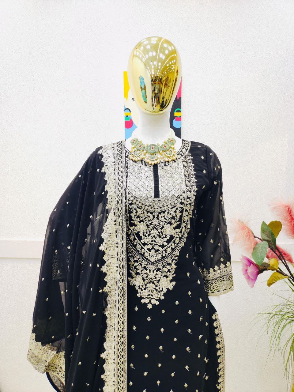 Mesmerizing Black Color Foux Georgette Embroidery Sequence Work Designer Sharara Suit