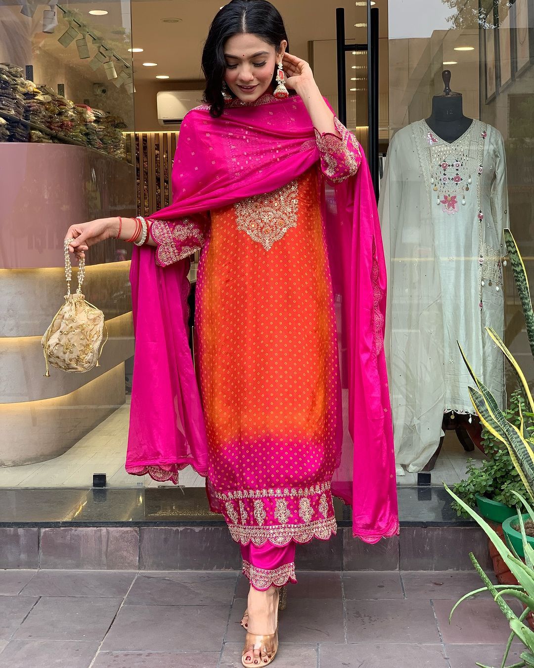 Designer Orange And Pink Color Chinon Silk Coding Sequence With Real Mirror And Digital Printed Salwar Suit