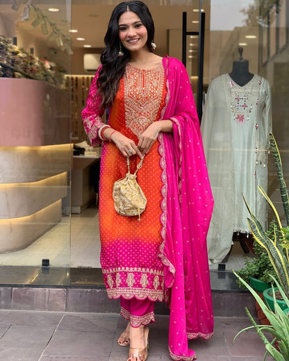 Designer Orange And Pink Color Chinon Silk Coding Sequence With Real Mirror And Digital Printed Salwar Suit