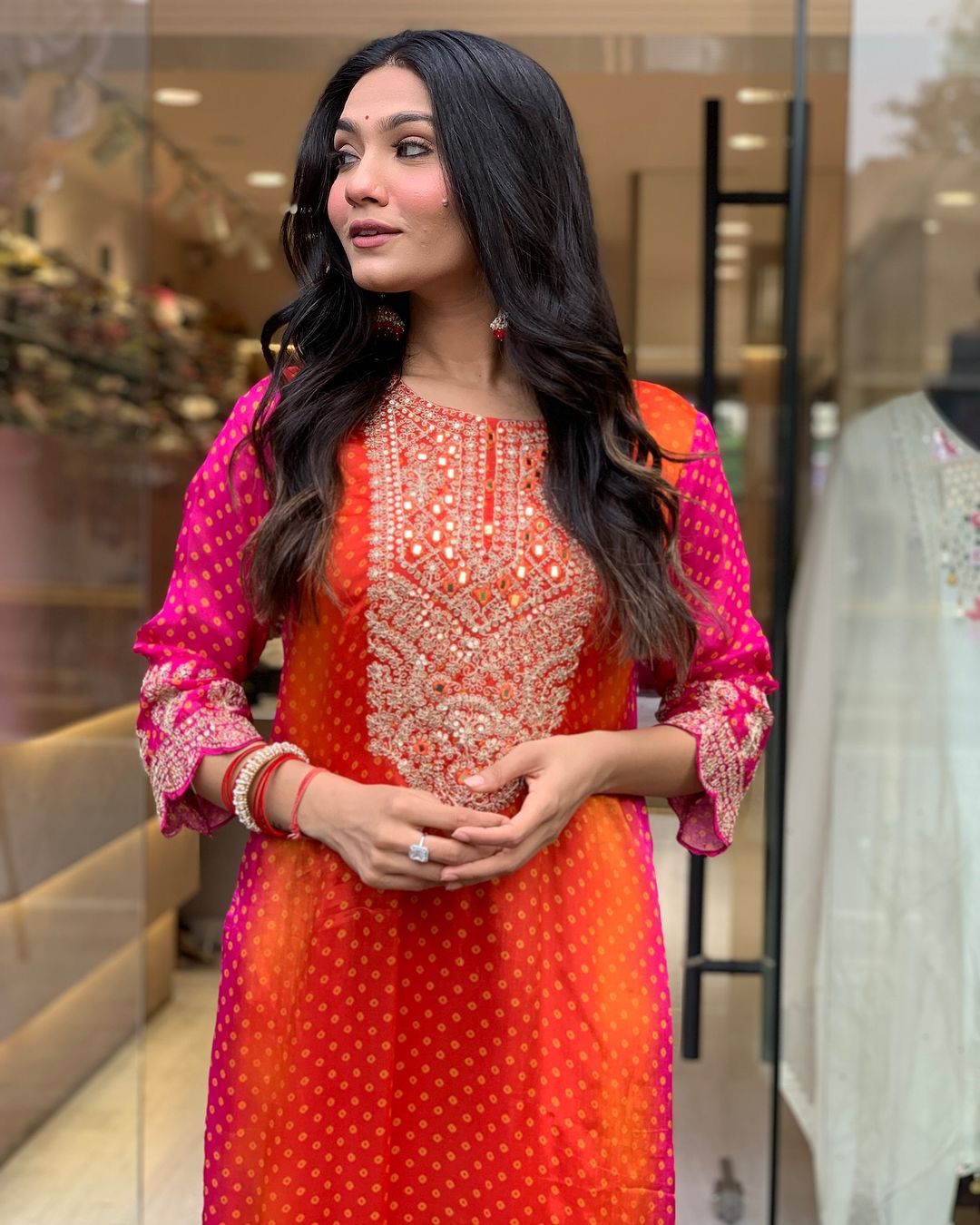 Designer Orange And Pink Color Chinon Silk Coding Sequence With Real Mirror And Digital Printed Salwar Suit