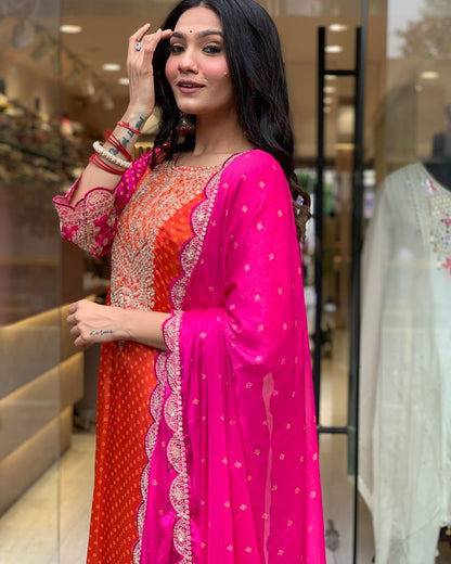 Designer Orange And Pink Color Chinon Silk Coding Sequence With Real Mirror And Digital Printed Salwar Suit