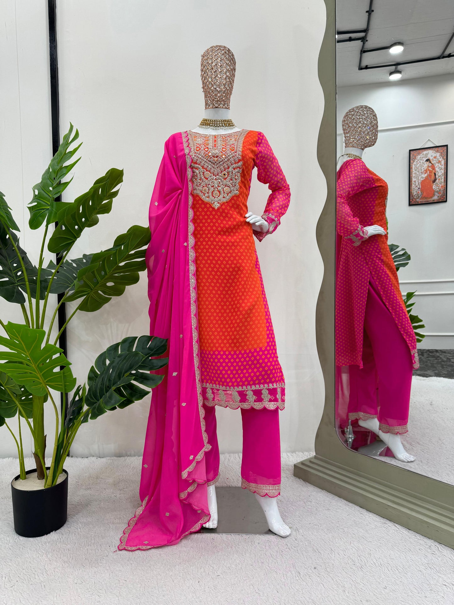 Designer Orange And Pink Color Chinon Silk Coding Sequence With Real Mirror And Digital Printed Salwar Suit