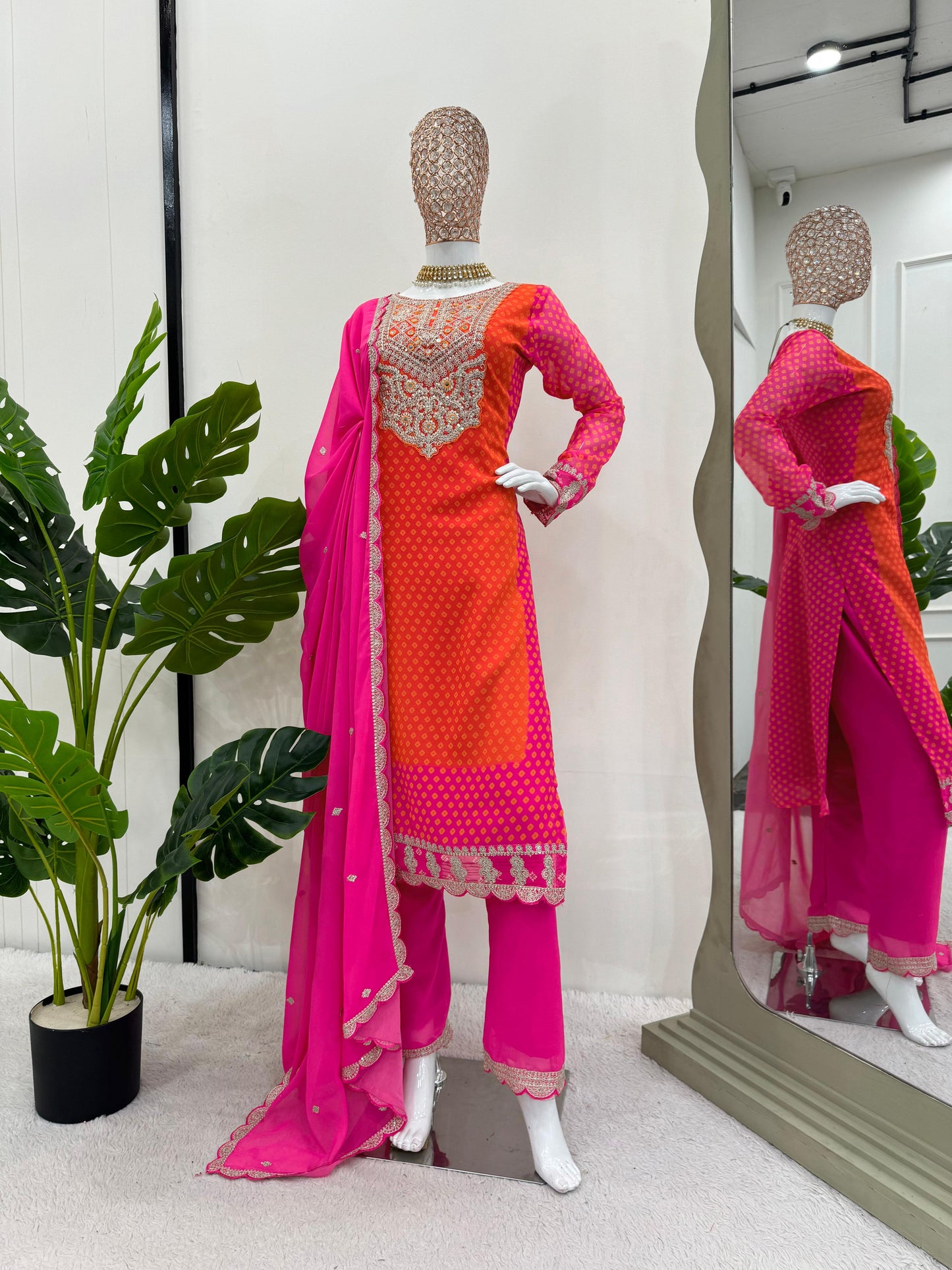 Designer Orange And Pink Color Chinon Silk Coding Sequence With Real Mirror And Digital Printed Salwar Suit