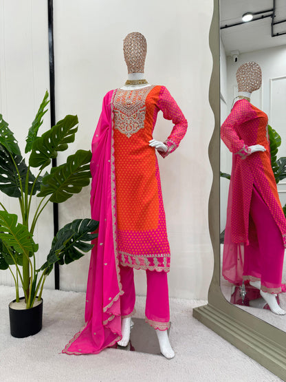Designer Orange And Pink Color Chinon Silk Coding Sequence With Real Mirror And Digital Printed Salwar Suit