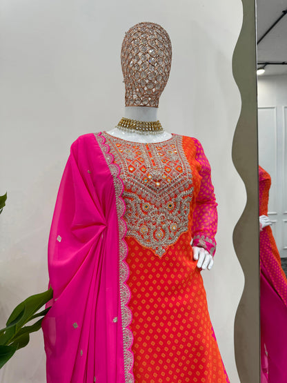Designer Orange And Pink Color Chinon Silk Coding Sequence With Real Mirror And Digital Printed Salwar Suit
