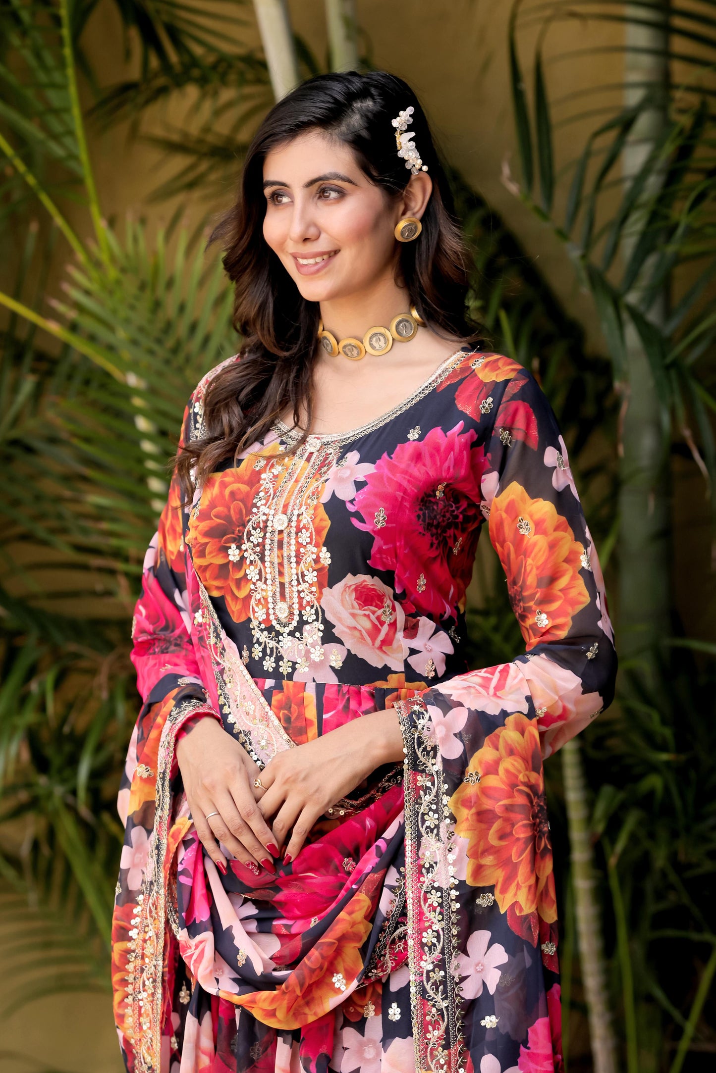 Alluring Pink Color Heavy Fox Georgette With Digital Print With Sequence Embroidery Work Designer Gown