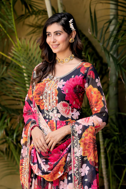 Alluring Pink Color Heavy Fox Georgette With Digital Print With Sequence Embroidery Work Designer Gown