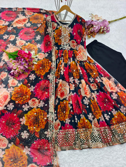 Alluring Pink Color Heavy Fox Georgette With Digital Print With Sequence Embroidery Work Designer Gown