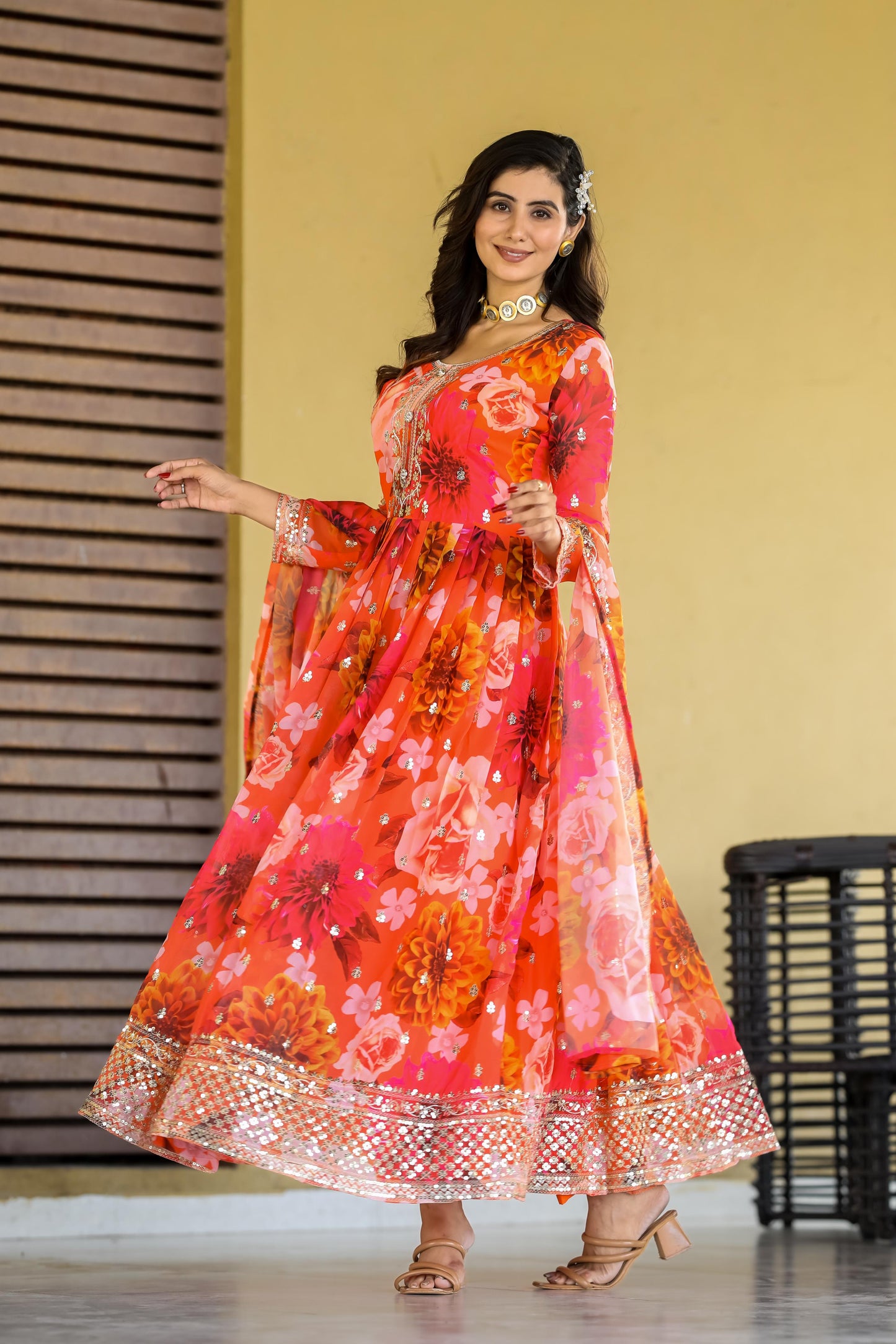 Attractive Orange Color Heavy Fox Georgette With Digital Print With Sequence Embroidery Work Designer Gown