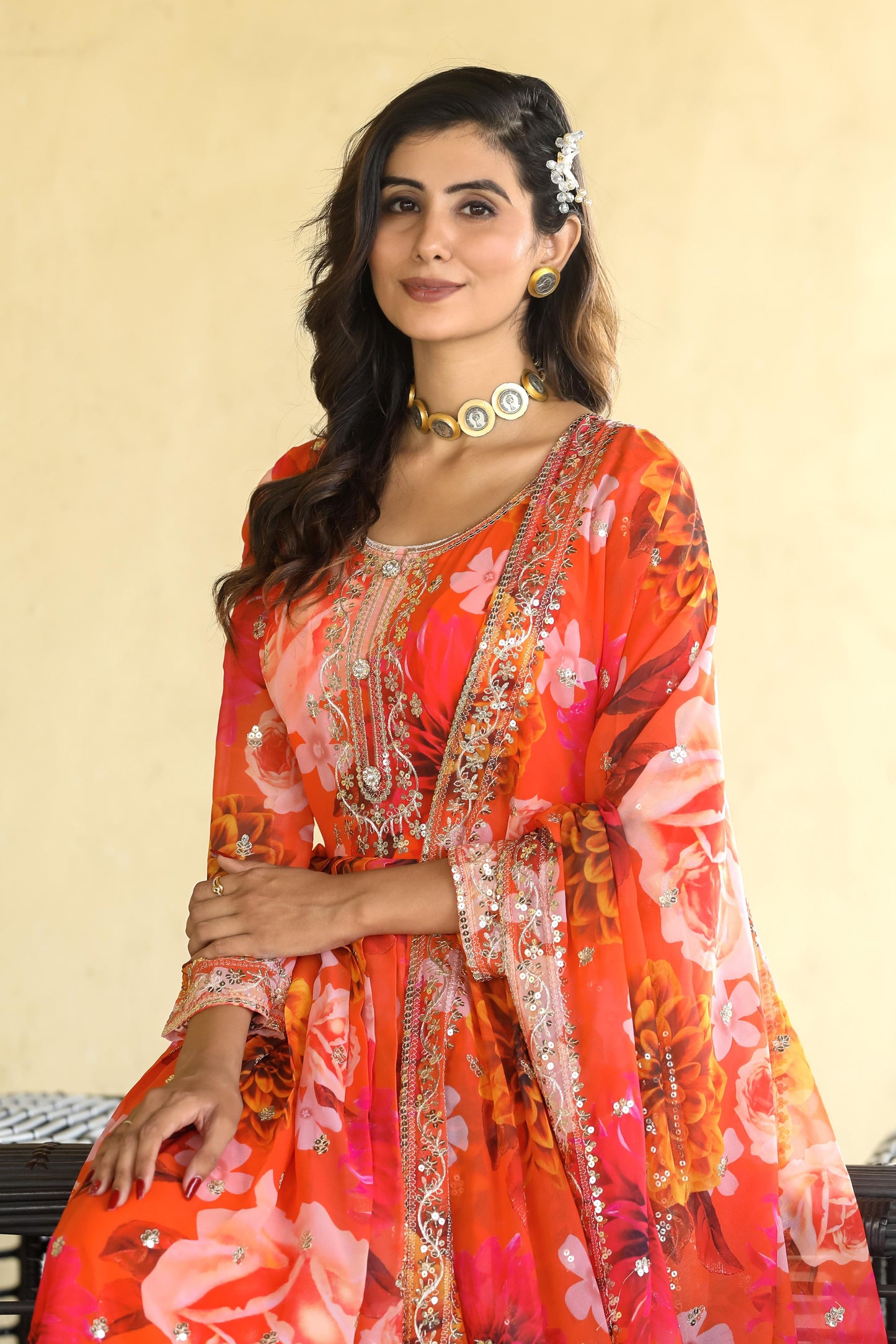 Attractive Orange Color Heavy Fox Georgette With Digital Print With Sequence Embroidery Work Designer Gown