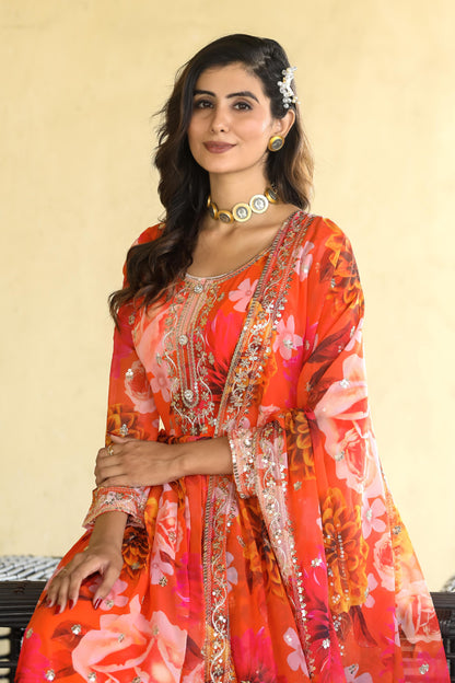 Attractive Orange Color Heavy Fox Georgette With Digital Print With Sequence Embroidery Work Designer Gown