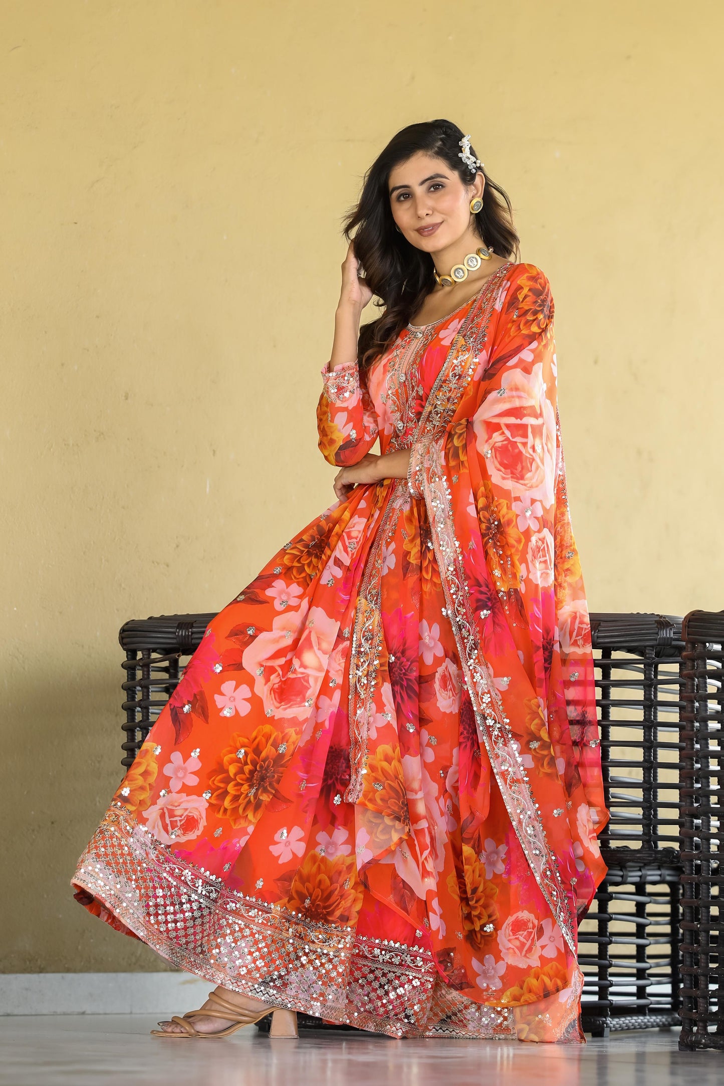 Attractive Orange Color Heavy Fox Georgette With Digital Print With Sequence Embroidery Work Designer Gown