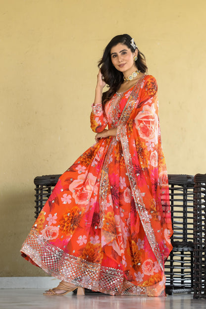 Attractive Orange Color Heavy Fox Georgette With Digital Print With Sequence Embroidery Work Designer Gown