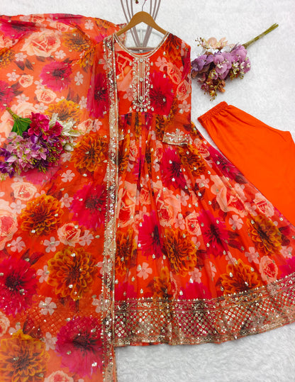Attractive Orange Color Heavy Fox Georgette With Digital Print With Sequence Embroidery Work Designer Gown