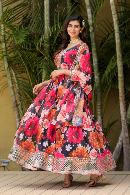 Alluring Pink Color Heavy Fox Georgette With Digital Print With Sequence Embroidery Work Designer Gown
