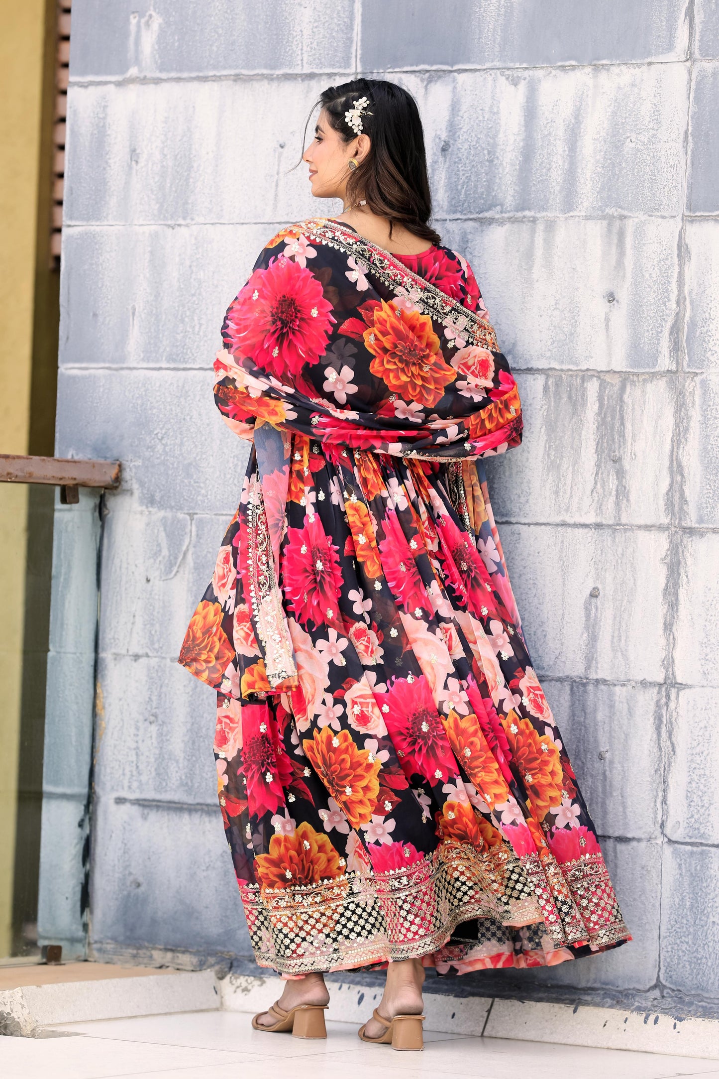 Alluring Pink Color Heavy Fox Georgette With Digital Print With Sequence Embroidery Work Designer Gown