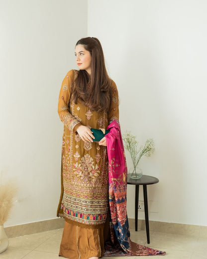 Marriage Special Mustard Color Foux Georgette Embroidery Sequence Work Sharara Suit