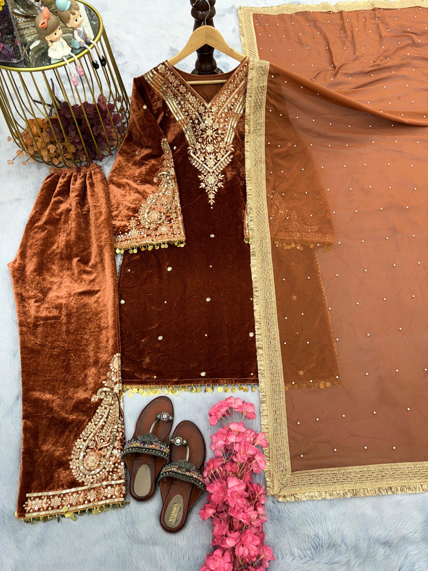 Classy Orange Color Heavy Pure Viscose Velvet  Sequence Work With Rivet Moti Work Salwar Suit