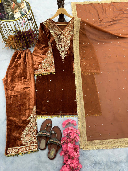 Classy Orange Color Heavy Pure Viscose Velvet  Sequence Work With Rivet Moti Work Salwar Suit