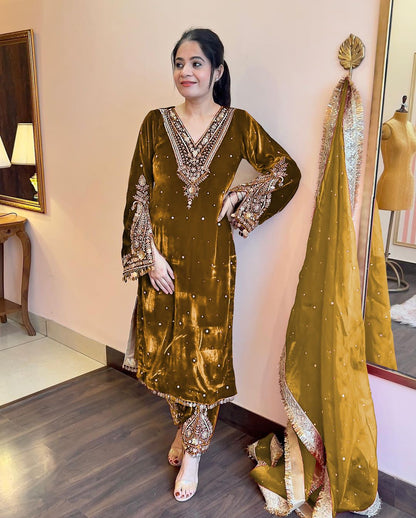 Stylish Mustard Color Heavy Pure Viscose Velvet  Sequence Work With Rivet Moti Work Salwar Suit
