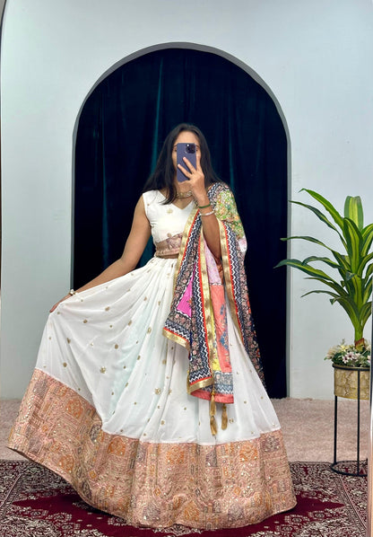 Garba Style Wear White Color Faux Georgette With Heavy Embroidery Work Navratri Lehenga Choli