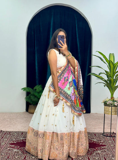 Garba Style Wear White Color Faux Georgette With Heavy Embroidery Work Navratri Lehenga Choli