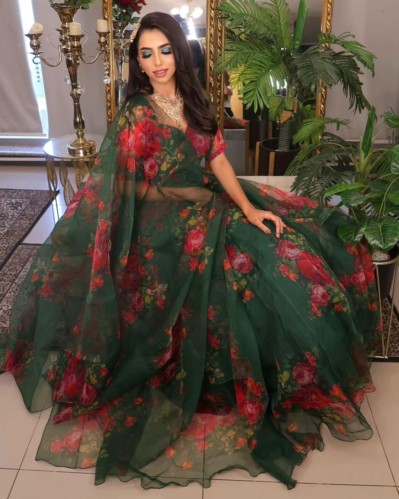 Wedding Wear Green Color Flower Printed Pure Organza Silk Floral Printed Organza Lehenga Choli