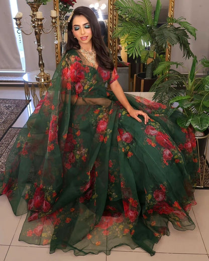 Wedding Wear Green Color Flower Printed Pure Organza Silk Floral Printed Organza Lehenga Choli