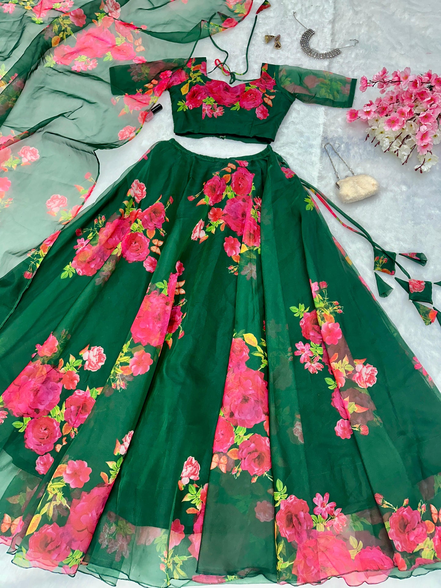 Wedding Wear Green Color Flower Printed Pure Organza Silk Floral Printed Organza Lehenga Choli