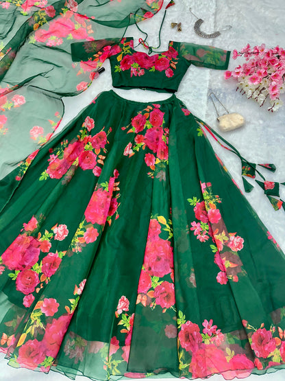 Wedding Wear Green Color Flower Printed Pure Organza Silk Floral Printed Organza Lehenga Choli