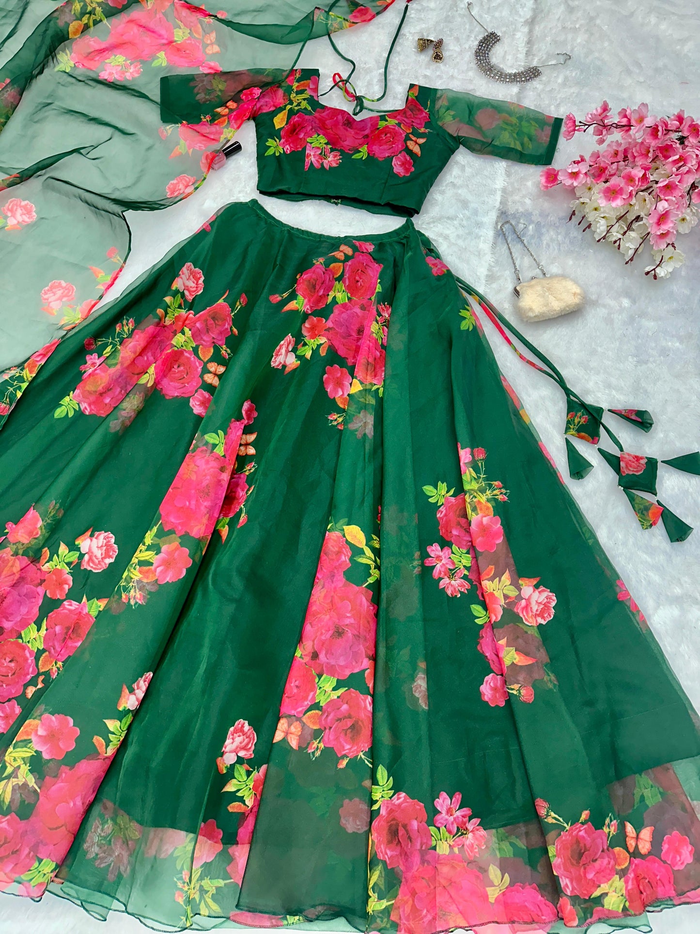Wedding Wear Green Color Flower Printed Pure Organza Silk Floral Printed Organza Lehenga Choli