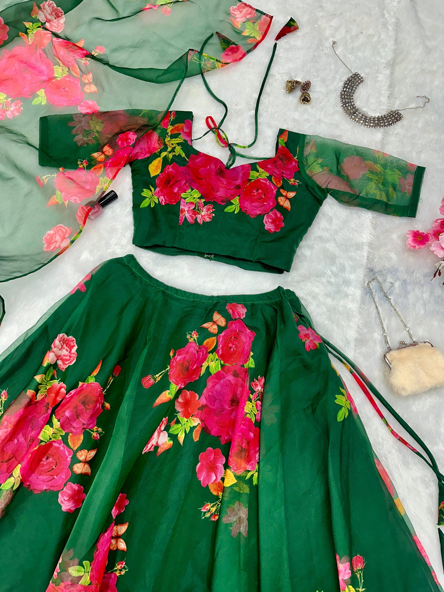 Wedding Wear Green Color Flower Printed Pure Organza Silk Floral Printed Organza Lehenga Choli