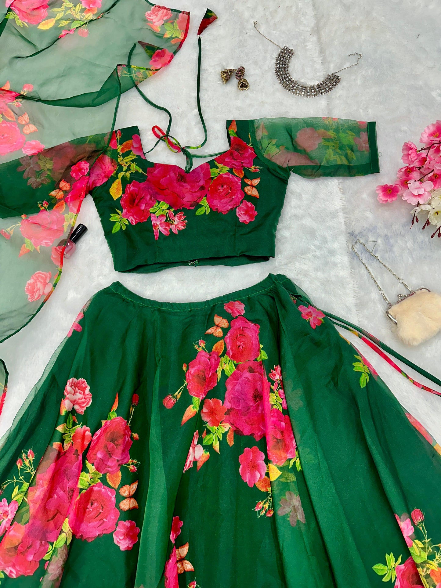 Wedding Wear Green Color Flower Printed Pure Organza Silk Floral Printed Organza Lehenga Choli