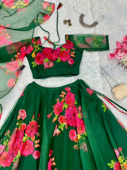 Wedding Wear Green Color Flower Printed Pure Organza Silk Floral Printed Organza Lehenga Choli