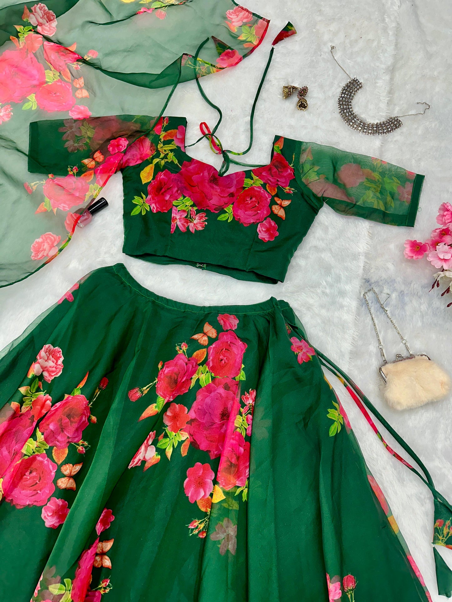 Wedding Wear Green Color Flower Printed Pure Organza Silk Floral Printed Organza Lehenga Choli