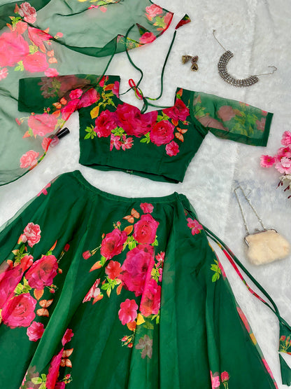 Wedding Wear Green Color Flower Printed Pure Organza Silk Floral Printed Organza Lehenga Choli