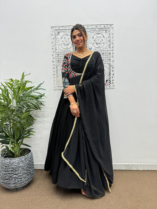 Black Color Embroidery Work Georgette Long Gown