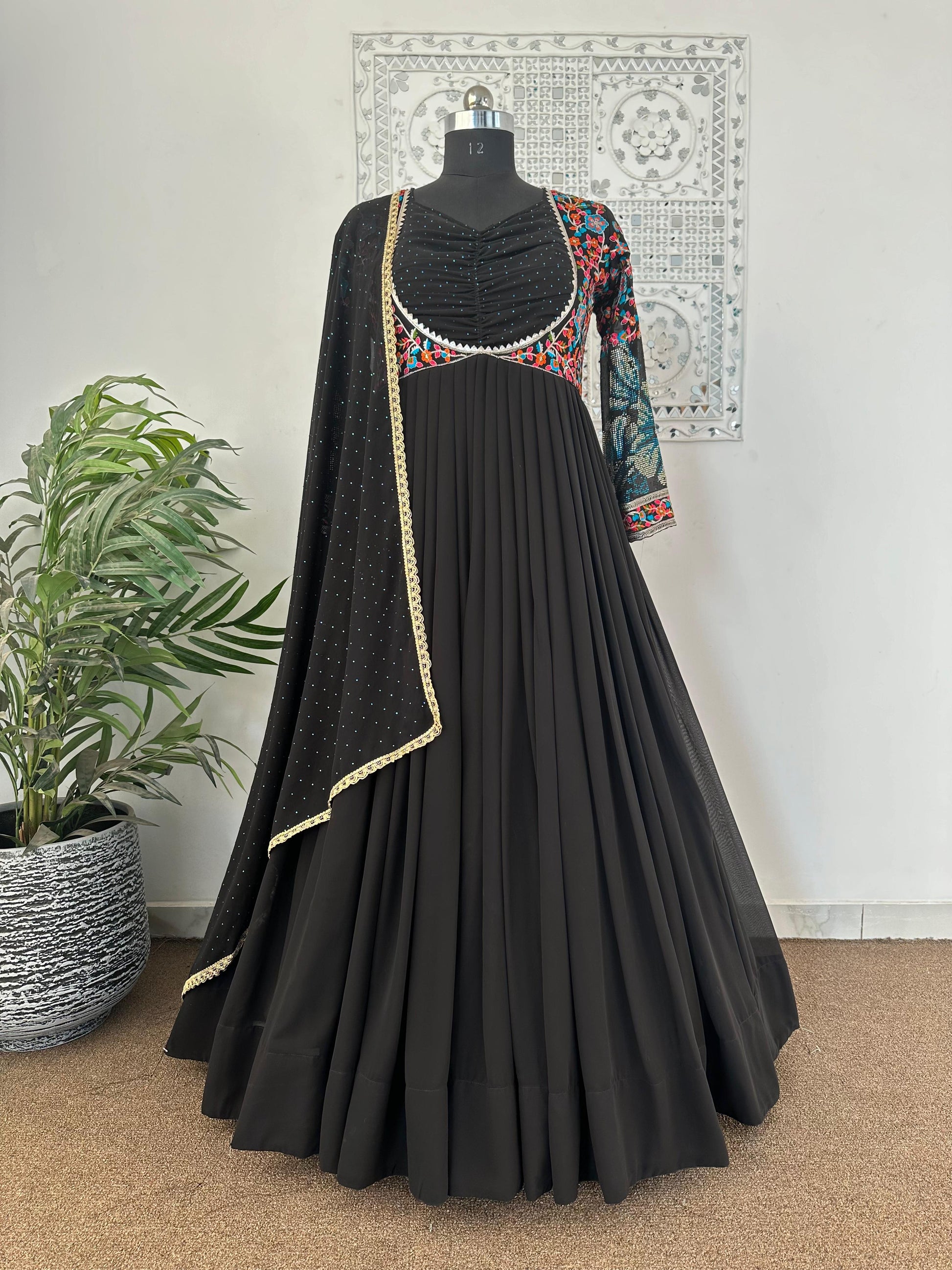 Black Color Embroidery Work Georgette Long Gown
