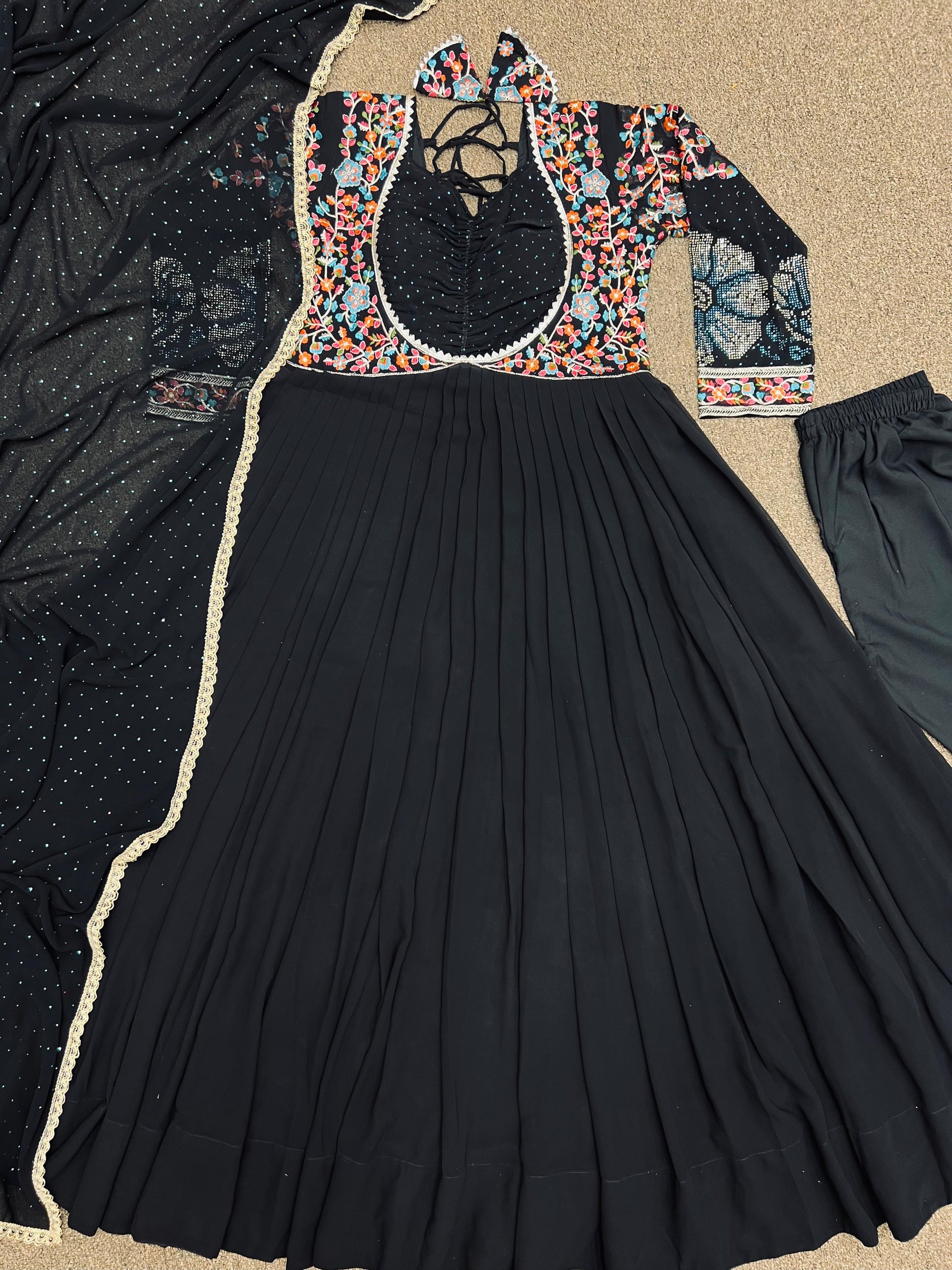 Black Color Embroidery Work Georgette Long Gown