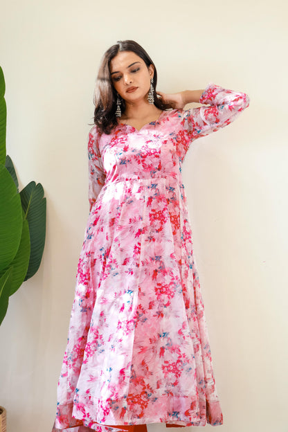 Ceremony Wear Pink Organza Taby Silk With Digital Print Designer Gown