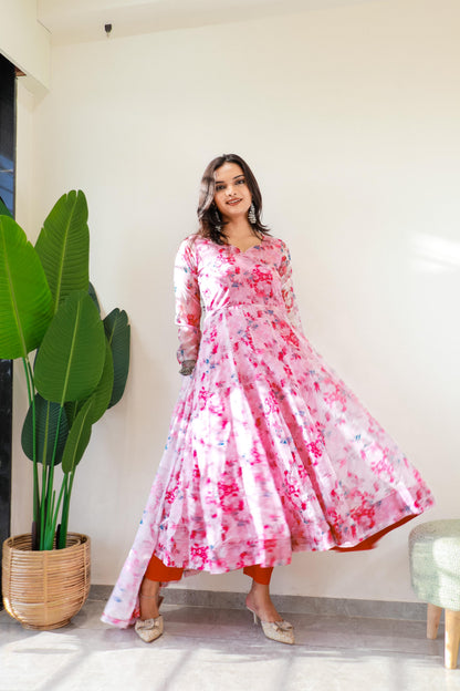 Ceremony Wear Pink Organza Taby Silk With Digital Print Designer Gown