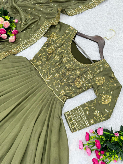 Beautiful Pista Green Color Heavy Vichitra Shimmer Silk With Embroidery Sequence Work Lehenga Choli