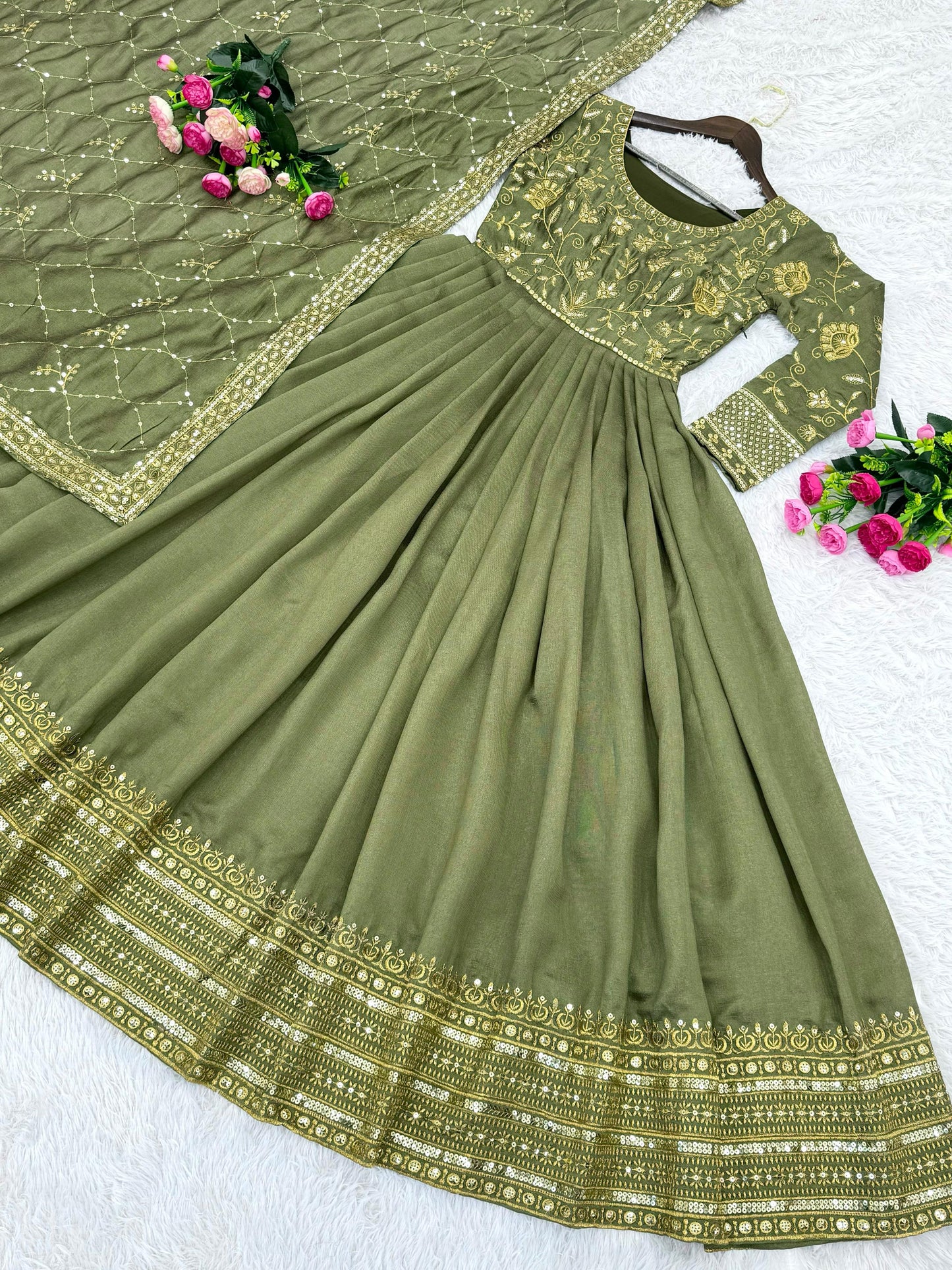 Beautiful Pista Green Color Heavy Vichitra Shimmer Silk With Embroidery Sequence Work Lehenga Choli