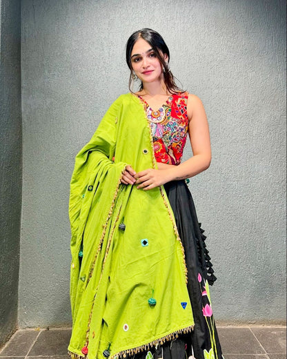 Traditional Wear Black Color Pure Rayon With Digital Print Work 4 Meter Flair Navratri Lehenga Choli