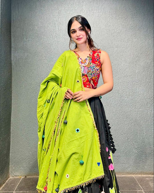 Traditional Wear Black Color Pure Rayon With Digital Print Work 4 Meter Flair Navratri Lehenga Choli