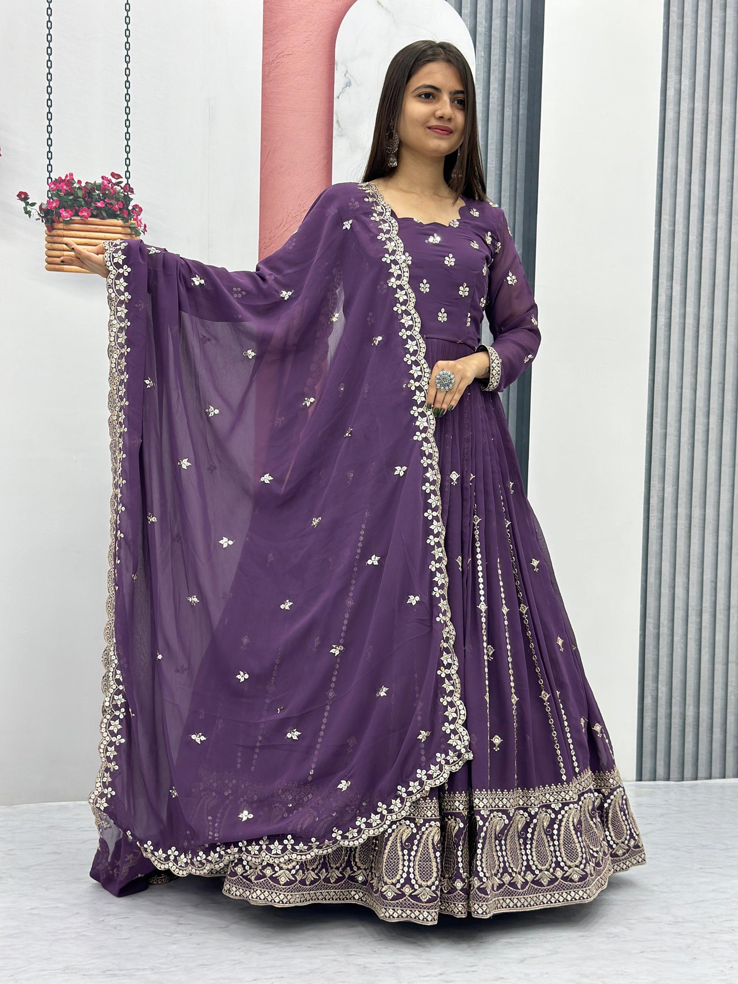 Festive Wear Purple Color Foux Georgette Heavy Embroidery 7mm Sequence Work Anarkali Gown