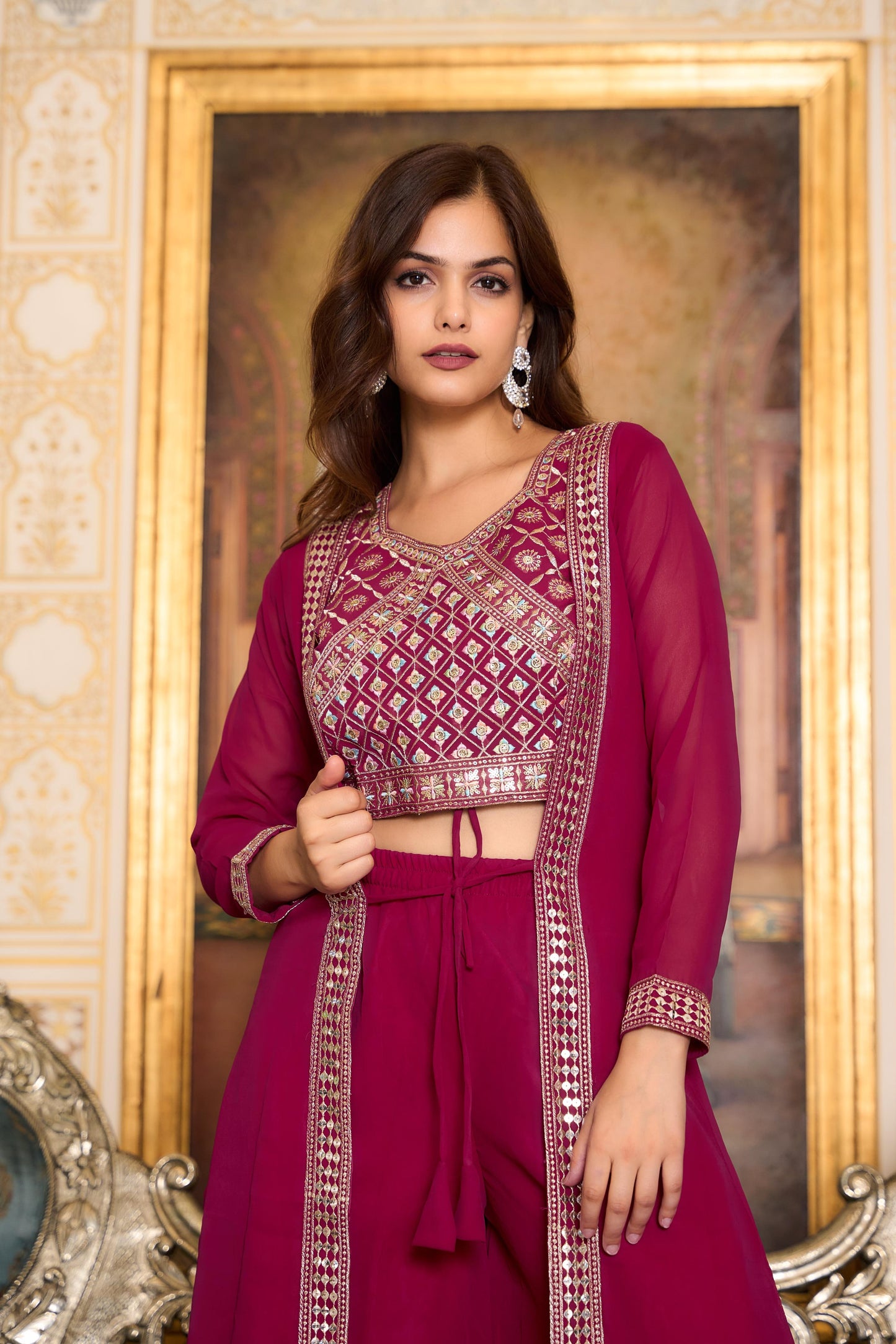 Party Wear Maroon Color Foux Georgette Heavy Embroidery Lace Work Palazzo Suit With Shrug
