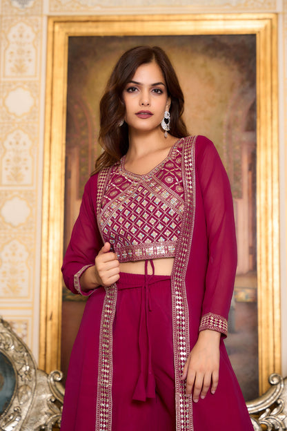Party Wear Maroon Color Foux Georgette Heavy Embroidery Lace Work Palazzo Suit With Shrug