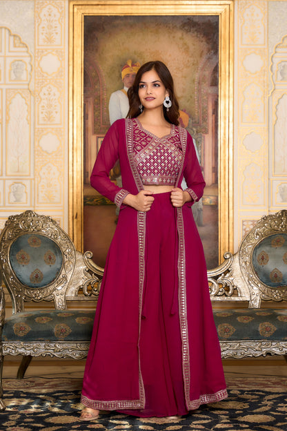 Party Wear Maroon Color Foux Georgette Heavy Embroidery Lace Work Palazzo Suit With Shrug