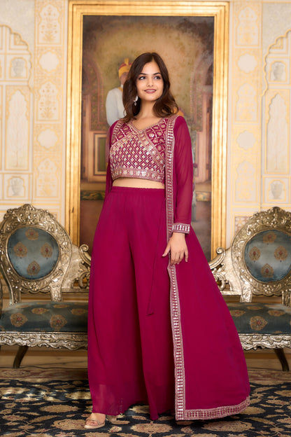Party Wear Maroon Color Foux Georgette Heavy Embroidery Lace Work Palazzo Suit With Shrug
